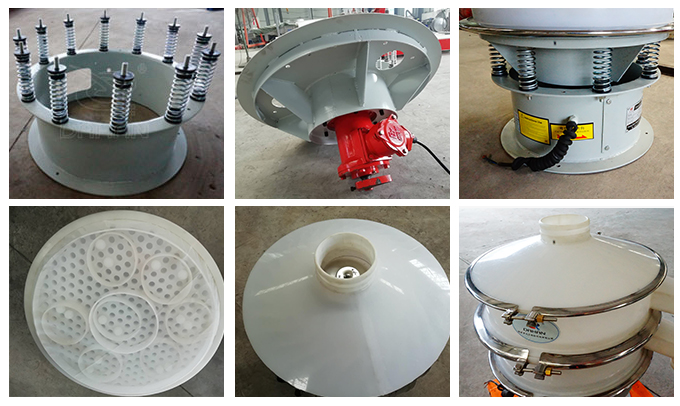 塑料振動(dòng)篩彈簧底座安裝，振動(dòng)電機(jī)安裝，篩網(wǎng)，防塵蓋等安裝圖片展示